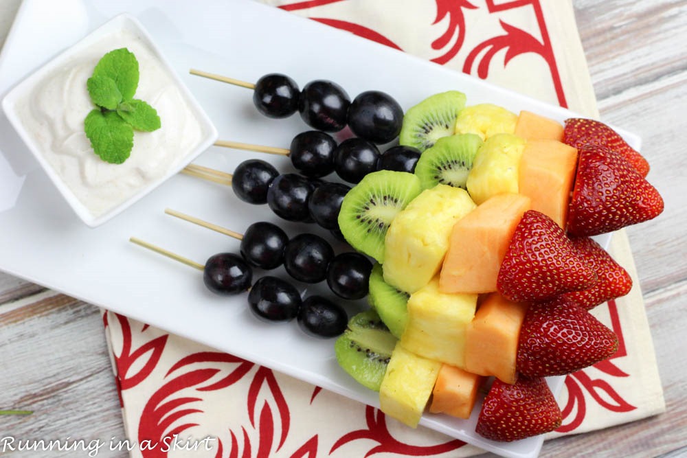 Rainbow Fruit Skewers with Dip Running in a Skirt