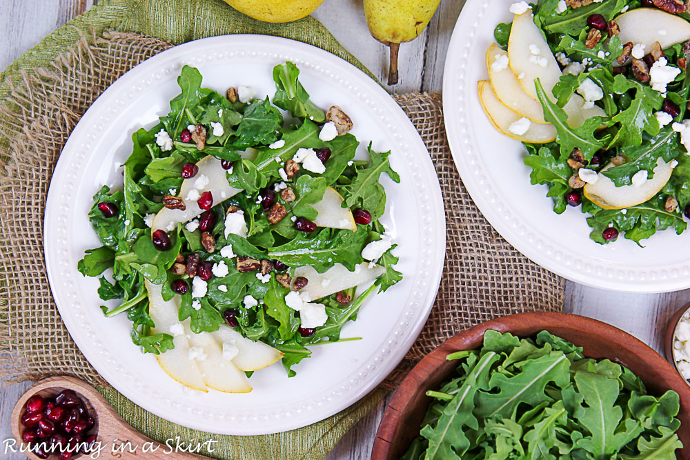 Overhead shot of two plated salads.