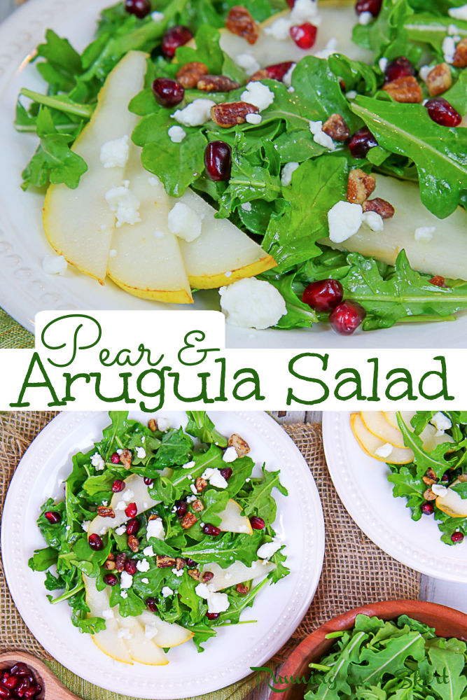 Pear and Arugula Salad recipe with goat cheese, spiced pecans, pomegranate and lemon vinaigrette dressing. The perfect fall, winter, holiday, Christmas or Thanksgiving salad. Simple, easy and perfect for a healthy holiday dinner. Looking for the best arugula pear salad recipes? This is it! Vegetarian, Gluten Free, Clean Eating / Running in a Skirt #salad #christmassalad #healthyrecipes via @juliewunder