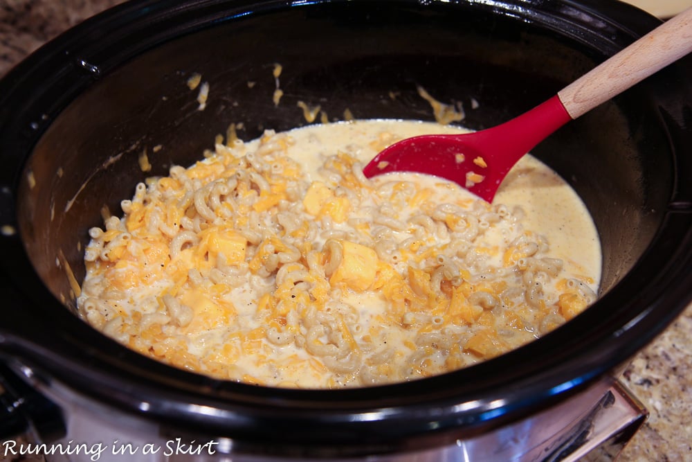 Process photos showing the mac and cheese in the slow cooker.