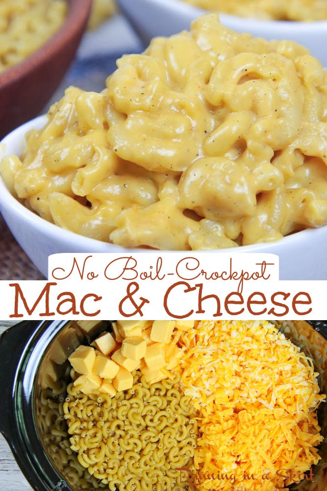 Crock Pot Mac & Cheese Recipe- Easy No Boil with Velvetta, colby jack and cheddar. Super creamy with real milk and no evaporated milk. The perfect slow cooker recipe for families, the holidays (Christmas or Thanksgiving) or kid dinners. Just dump your ingredients in the Crockpot and cook! No pre-boiling the noodles. / Running in a Skirt #macandcheese #crockpotrecipe #slowcooker via @juliewunder