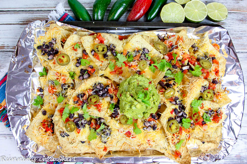 Overhead shot of sheet pan with meatless nachos.