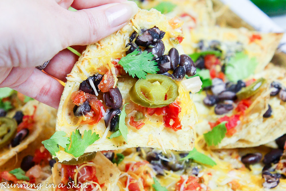 Close up of cooked Sheet Pan Vegetarian Nachos - The Best Easy Nachos Recipe.