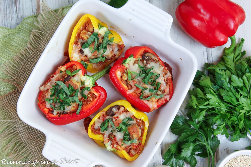 Vegetarian Italian Stuffed Peppers in a baking dish.