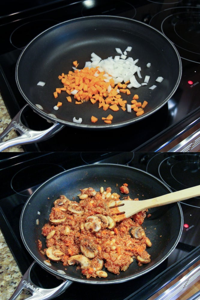 Process photos collage showing how to cook the stuffing.