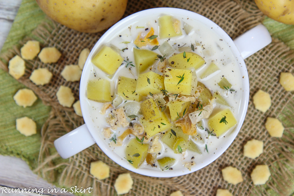 Overhead shot of Crockpot Clam Chowder with oyster crackers.