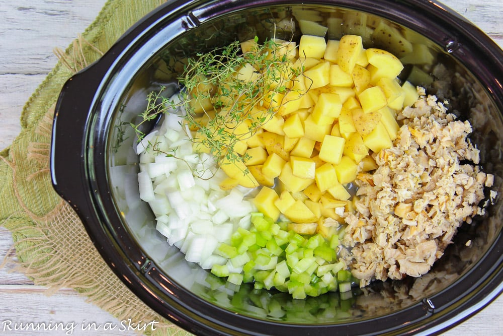 Process photos showing how to prepare the chowder in the crockpot.