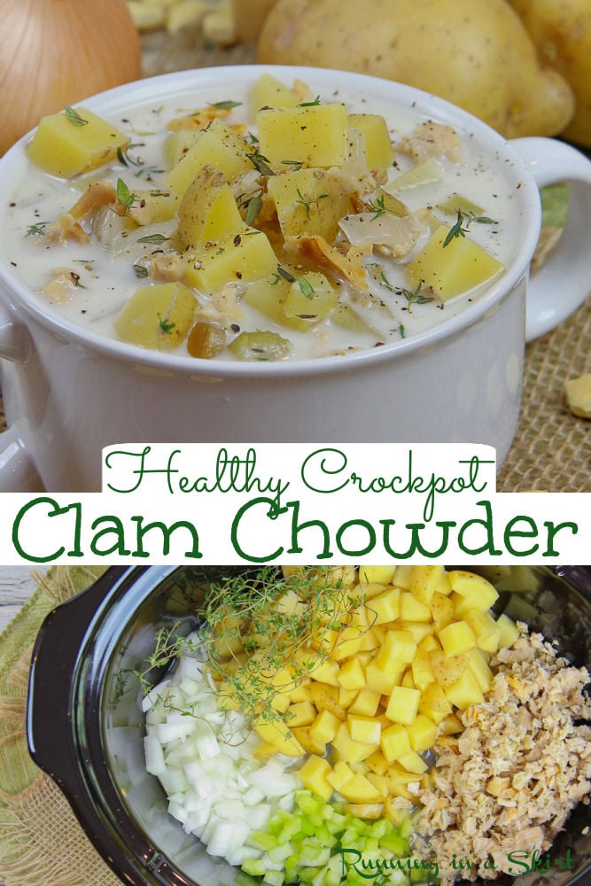 Crockpot Clam Chowder recipe- Healthy, Lightened Up & Easy! New England Style Clam Chowder made in the slow cooker with canned clams, potato, onion, and rich creamy broth with no heavy cream and no canned soup. The perfect healthy comfort food! 215 calories a serving. Pescatarian, Gluten Free, Clean Eating/ Running in a Skirt #crockpot #slowcooker #clamchowder #healthyrecipes via @juliewunder