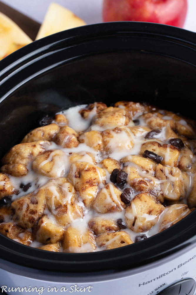 French Toast Crock Pot Cinnamon Roll Casserole in the slow cooker.