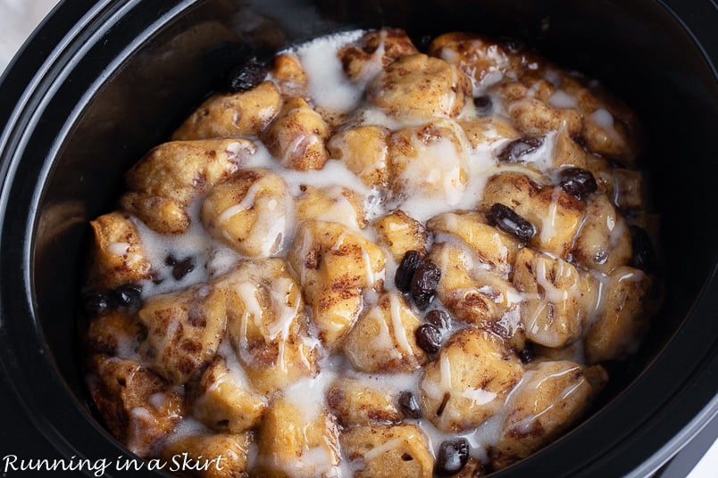 French Toast Crock Pot Cinnamon Roll Casserole finished in the slow cooker.