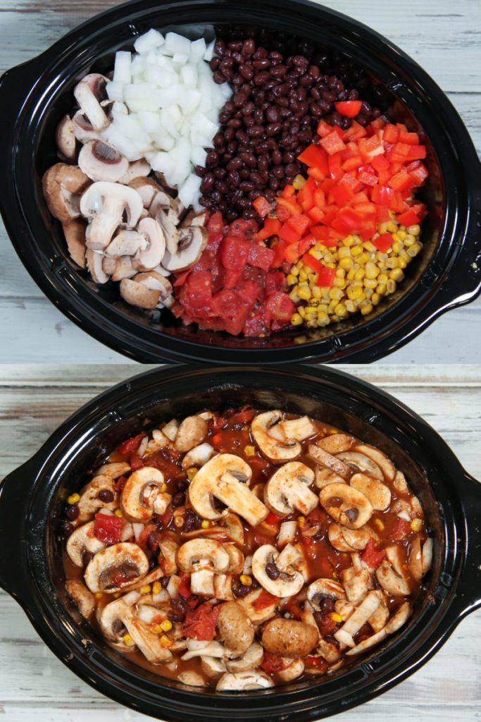 Process photo collage showing how to prepare the mushroom chili.