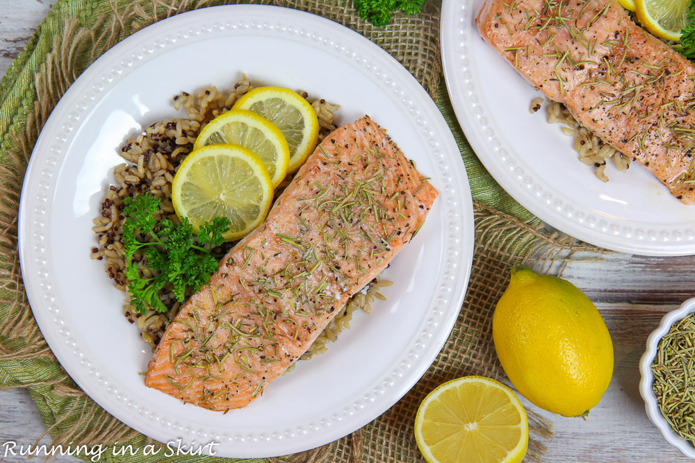 Overhead shot of the easy salmon recipe on a white plate.