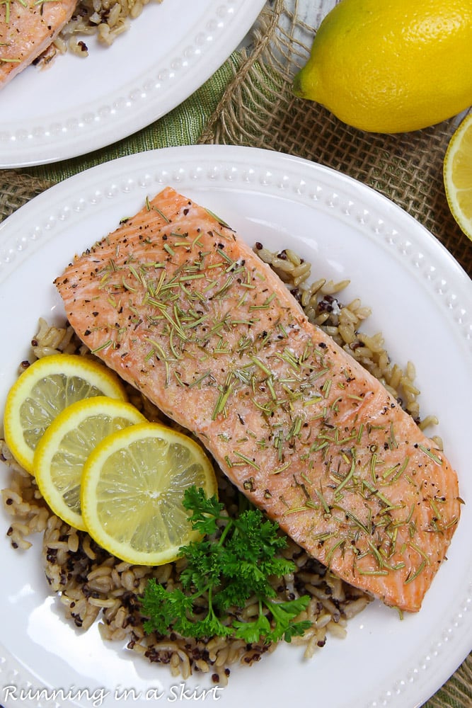 Easy Baked Salmon with Rosemary recipe with rice and lemon.