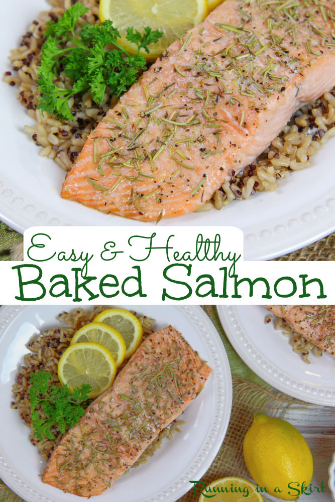 Easy Salmon Recipe - Baked & Healthy. This simple fish recipe has rosemary, with lemon, and olive oil. Looking for easy salmon dinner recipes? This is it! A go-to family recipes for a fast (under 15 minutes!) and clean eating dinner. Use fresh or frozen salmon. Keto, Low Carb, Pescatarian, Gluten Free / Running in a Skirt #salmon #pescatarian #healthydinner #healthyrecipes #fishrecipes via @juliewunder