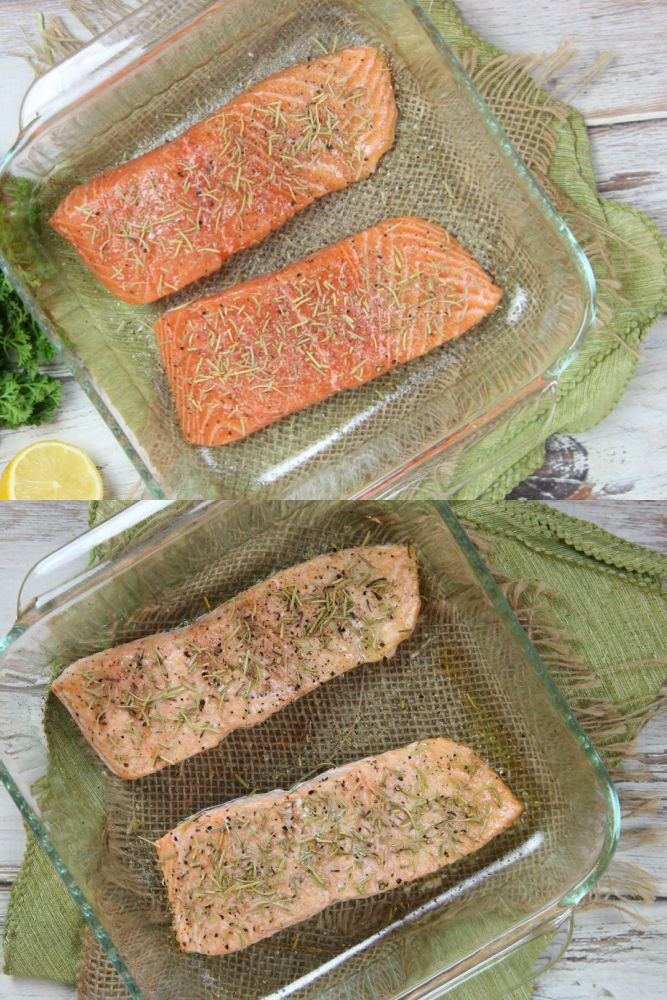 Before and after cooking shot showing how to make the salmon.