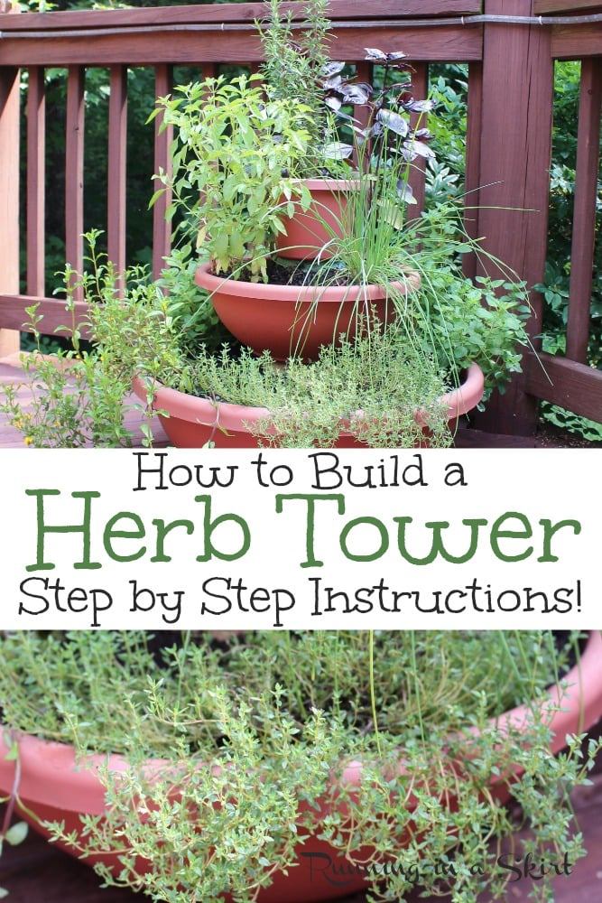 DIY Herb Tower - includes step by step instructions to build this vertical planter for a garden on your deck, balcony or another small space. The perfect space saver gardening idea. / Running in a Skirt #garden #herbgarden #verticalgarden #urbangardening #gardening #healthyliving via @juliewunder