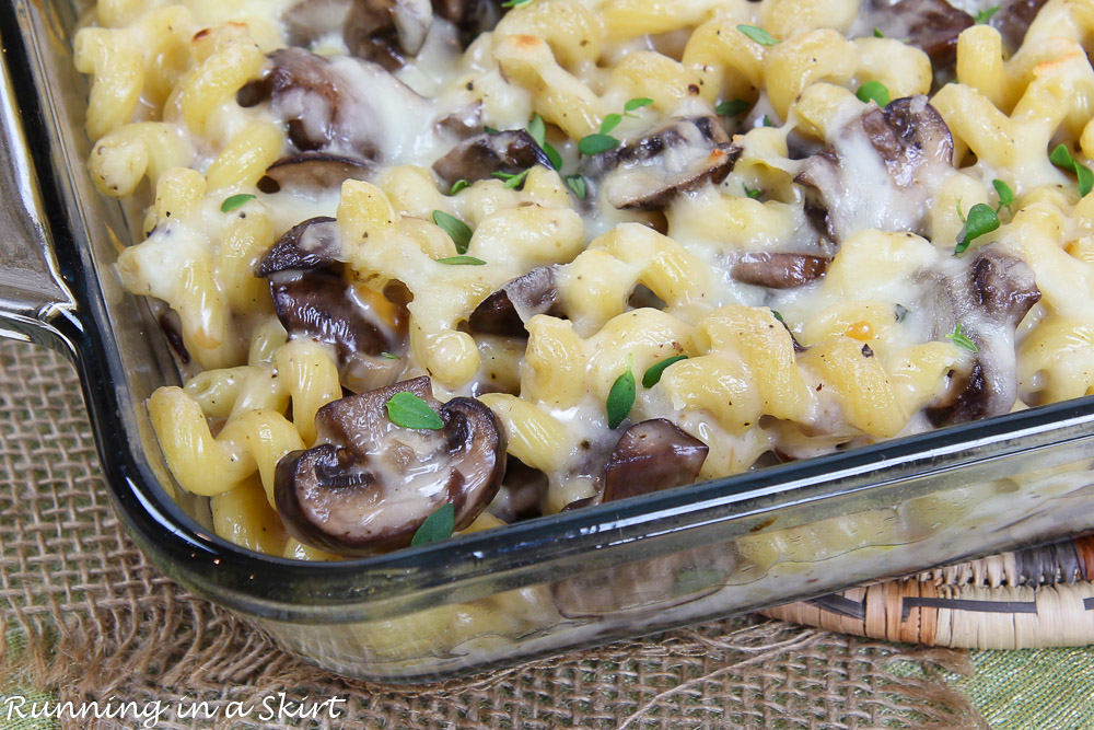 Close up of Smoked Gouda Mac and Cheese Pasta Bake in the baking dish.