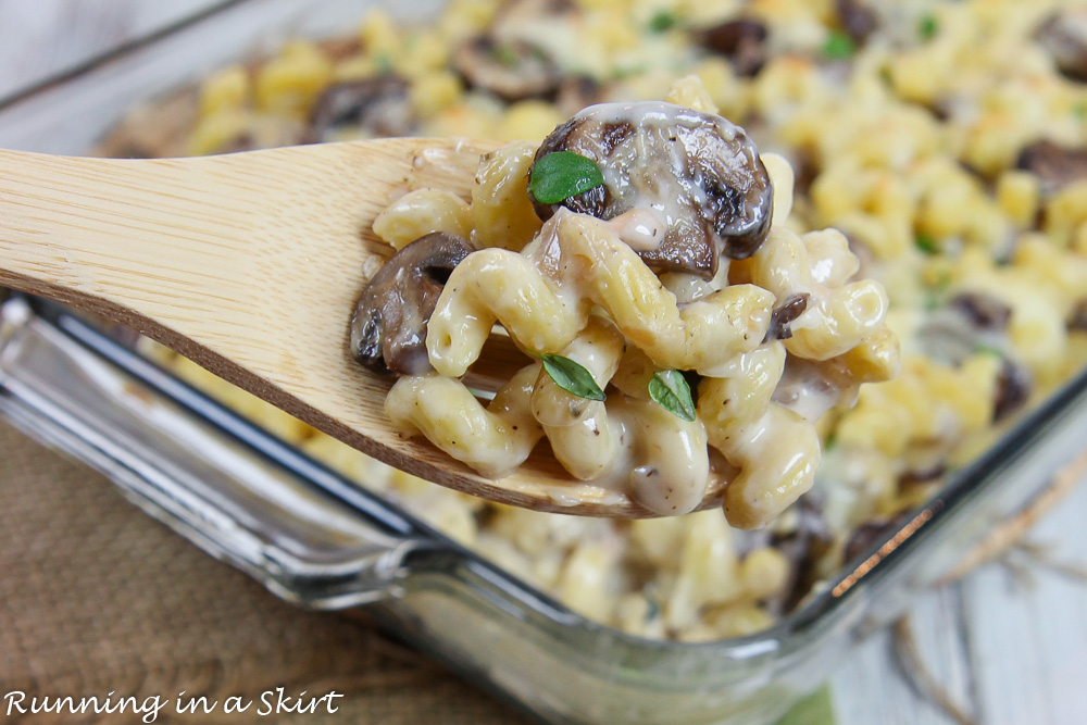 Close up of Smoked Gouda Mac and Cheese on a wooden spoon.