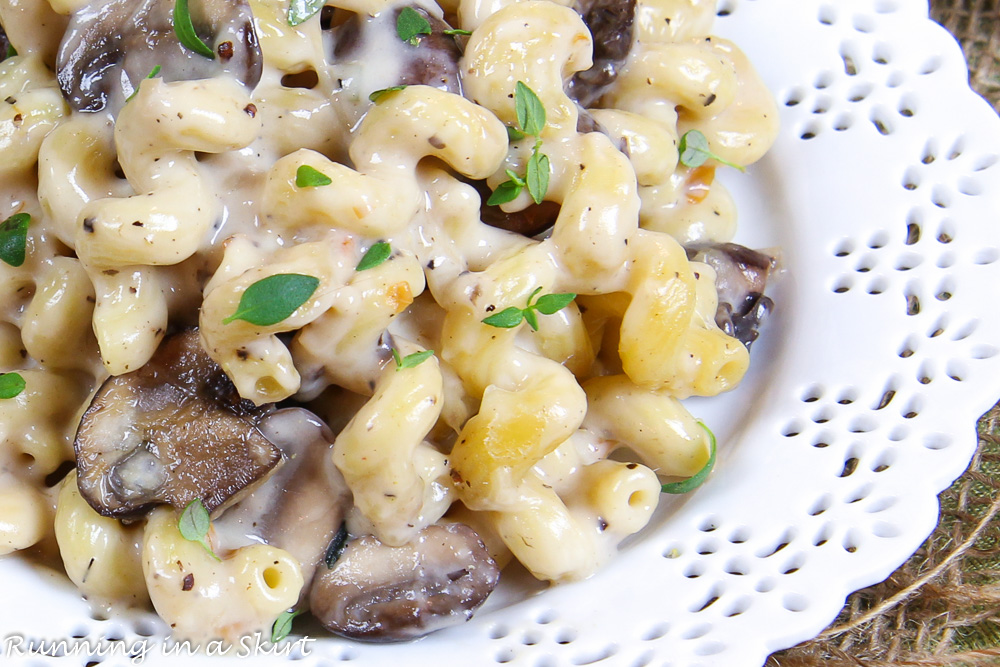 Smoked Gouda Mac and Cheese Pasta Bake on a white plate.