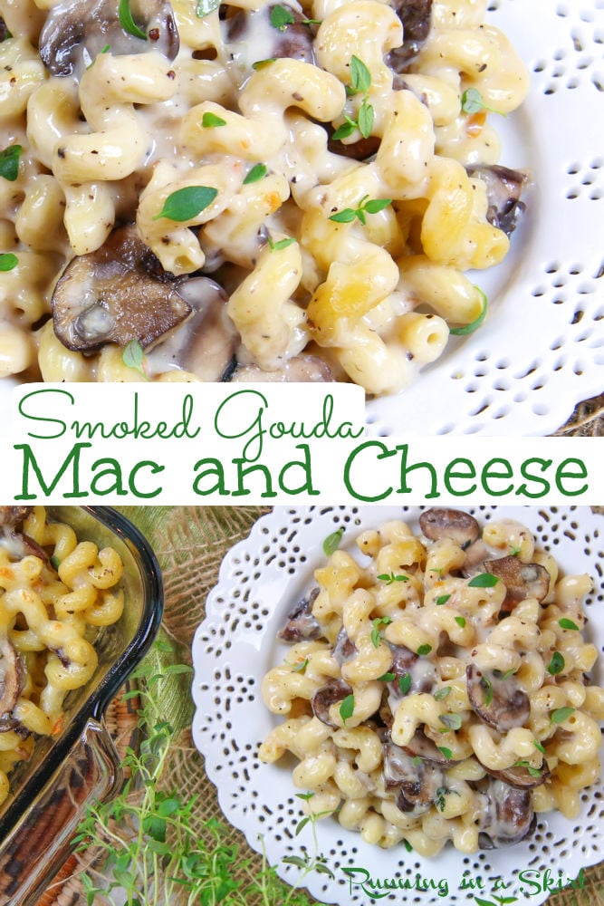 Smoked Gouda Mac and Cheese Recipe - Super creamy, homemade, and oven baked. This best easy Smoked Gouda Pasta with portobello mushrooms. This vegetarian dinner or main course is so rich and delicious. Looking for vegetarian comfort foods? This is it! Great weeknight or holiday (Easter, Thanksgiving, Christmas) dish! / Running in a Skirt #vegetarian #smokedgouda #easter #macandcheese #comfortfood via @juliewunder