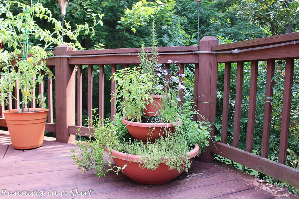 Finished shot of grown in herb tower garden sitting on a wood deck.