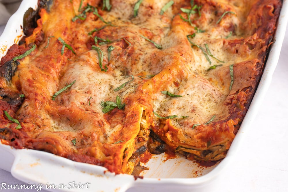 Spinach Mushroom Lasagna in a baking dish.