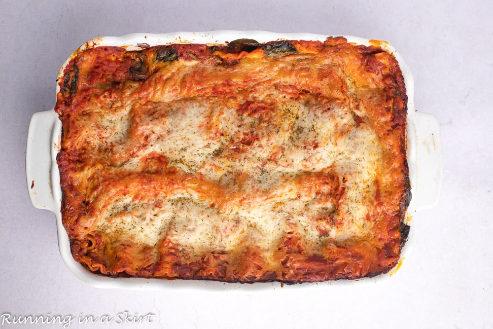 Spinach Mushroom Lasagna in a baking dish.