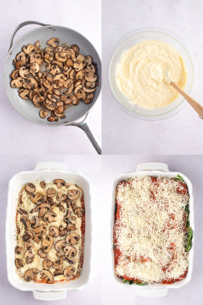 Process photos collage showing up the cooked mushrooms, mixed ricotta cheese and how to stack the lasagna.