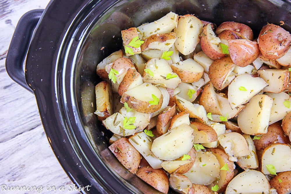 Cooked red potatoes in the crock pot.