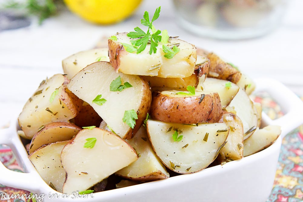 Finished product of Crock Pot Rosemary Potatoes with lemons.