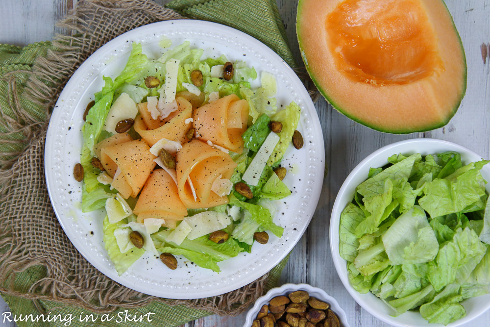 Overhead shot of Tuscan Melon Salad with a Tuscan Melon