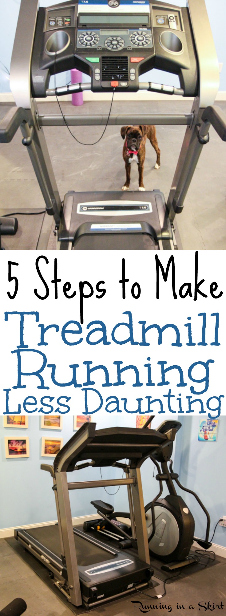 5 Tips to Make Treadmill Running Less Daunting.  And easy and awesome plan to make the time go by faster including workout ideas. Motivation for beginners or advanced. / Running in a Skirt via @juliewunder