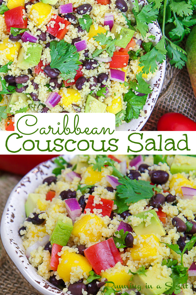 Caribbean Couscous Salad Recipe - Healthy, Easy, Vegan & Cold with Cilantro, Lime, Black Beans, Mango, Avocado, Bell Pepper, and Onion. Plus the perfect dressing. Looking for the best Couscous recipes? This is it! Has Southwest, Mexican, or summer flavoring and confetti coloring! A great vegan side dish for a cookout, lunch or dinner. / Running in a Skirt #couscous #healthsalad #mango #blackbeans #laborday via @juliewunder