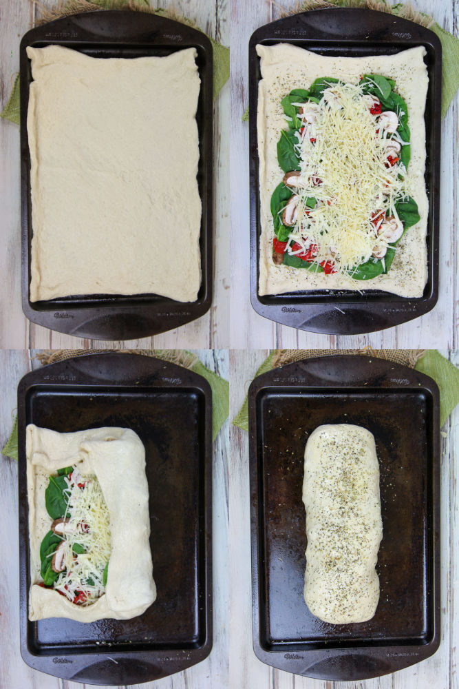 Process photo collage showing how to make and fold the stromboli.