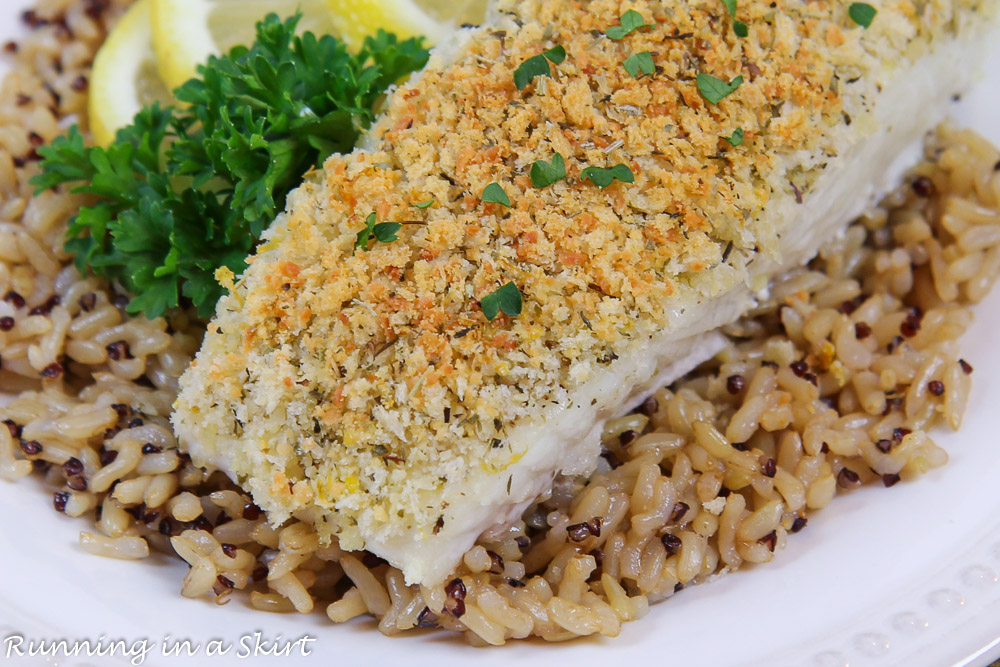 Close up of the parmesan topping on the halibut.