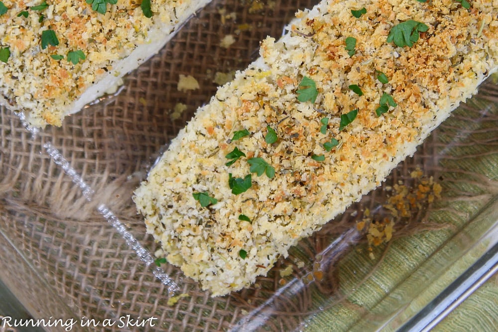 Close up of Parmesan Crusted Halibut in a baking dish.