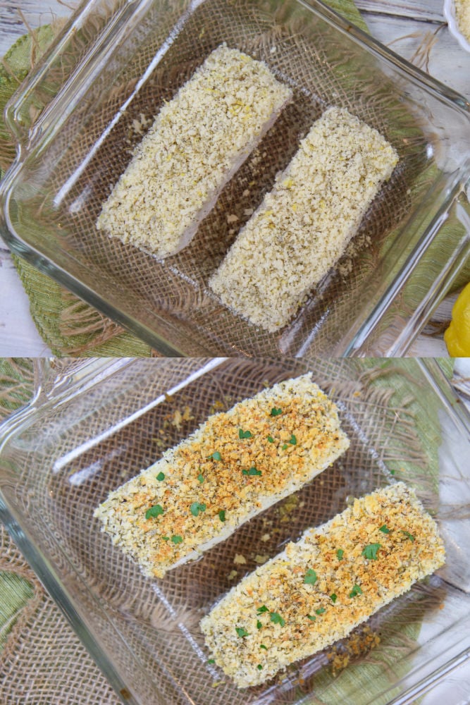 Process photos showing before and after the fish bakes in the oven.