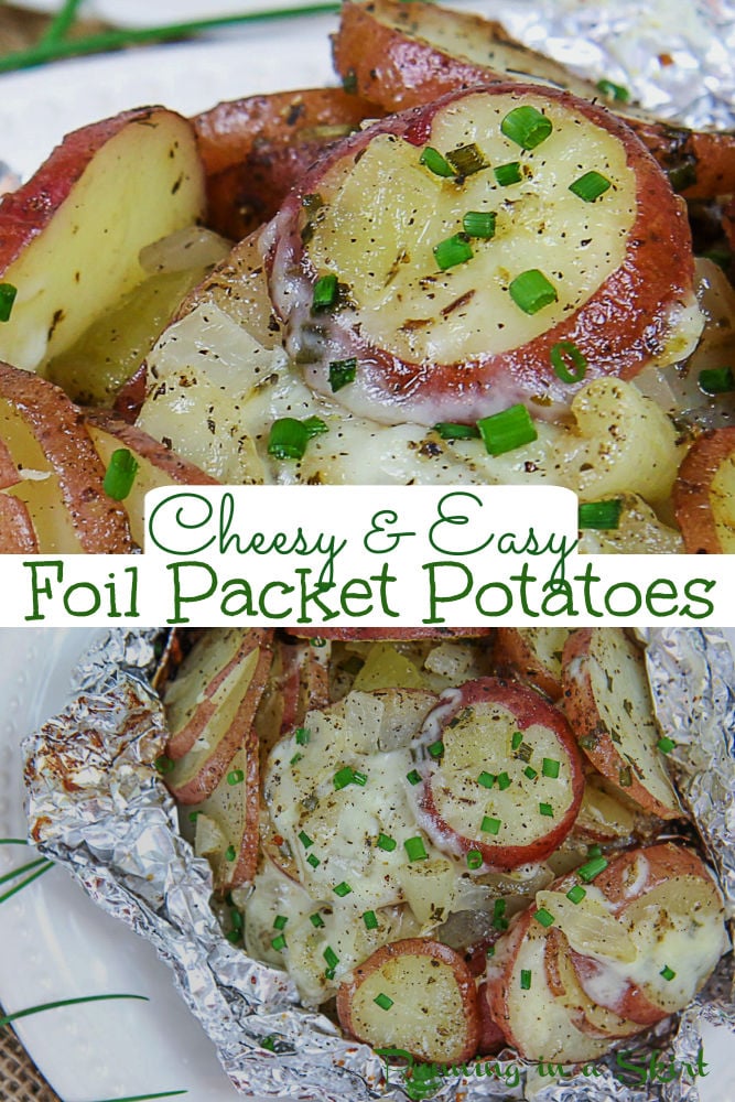 Foil Packet Potatoes for the grill, oven, or campfire! These Cheesy Foil Packet Grilled Potatoes use two different types of cheese (parmesan and mozzarella) and are the perfect healthy cookout side dish for dinners at home, bbq, or for camping. Use red potatoes, russet or sweet potatoes. Easy, simple, healthy with no clean up! You'll love this Garlic Parmesan Potato Recipe! Vegetarian, Gluten Free / Running in a Skirt #cookout #sidedish #healthy #dinner #foilpacket #grilling #campfirerecipe via @juliewunder