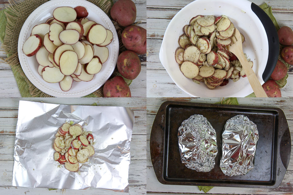 Process photos collage showing how to grill the potatoes in foil.