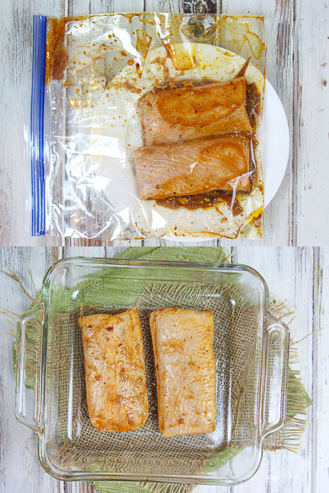 Process collage showing how to prepare the Mahi Mahi.