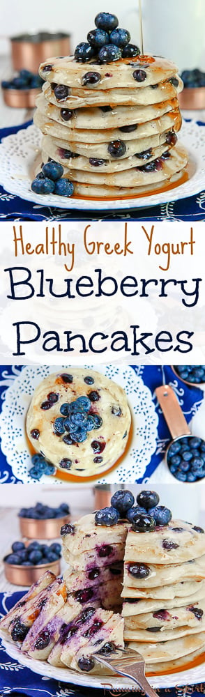 The Best Healthy Greek Yogurt Blueberry Pancakes recipe! How to make an easy, homemade, fluffy and moist pancake from scratch. Uses cinnamon and has whole wheat and honey options! The best healthy breakfasts and brunch recipes. / Running in a Skirt via @juliewunder