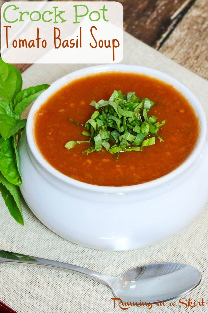 Tomato basil soup in a white bowl.