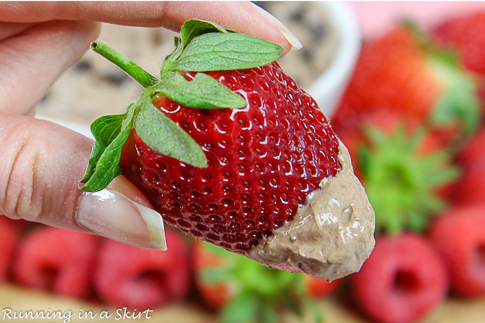 Strawberry with the Dark Chocolate Greek Yogurt Dip on it.