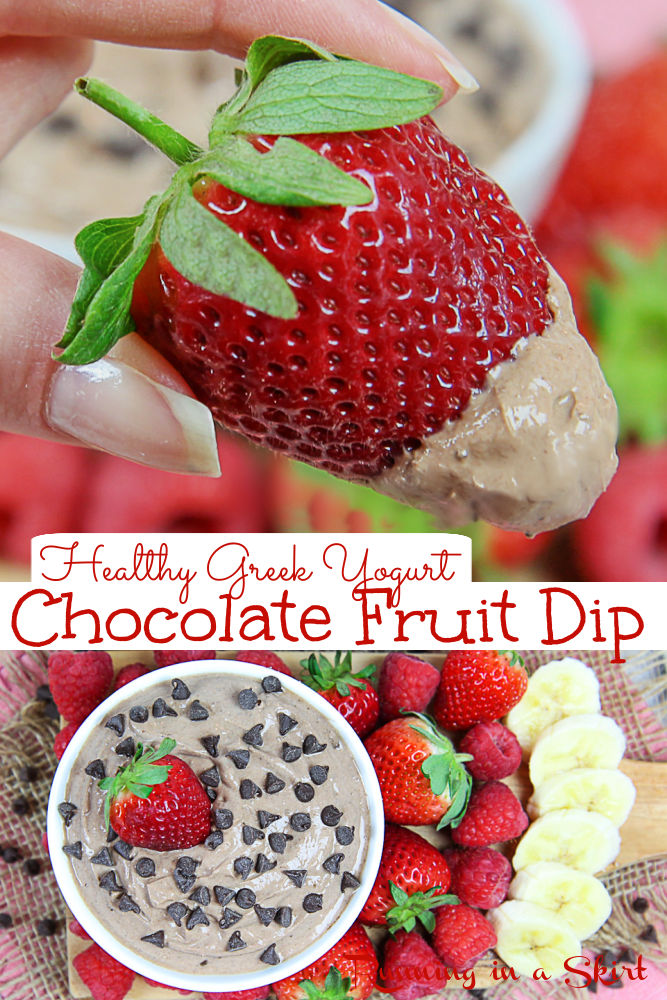 Chocolate Greek Yogurt Fruit Dip recipe- Healthy, clean eating, & delicious! Only 3 Ingredients. You'll love this healthy greek yogurt chocolate fruit dip for summer parties, holidays, or even Valentine's Day. This Healthy Chocolate Fruit Dip is easy, simple, and has no cool whip for the perfect healthy snack. Dip berries, strawberries, banana, grapes, apple, orange, or your favorite fruit. Vegetarian, Gluten Free / Running in a Skirt #cleaneating #fruitdip #greekyogurt #chocolate #healthyliving via @juliewunder