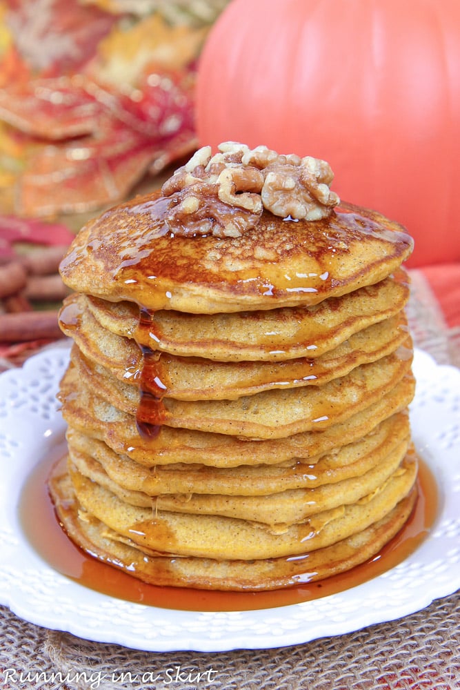 Stack of Pumpkin Pancakes with Pancake Mix with a drizzle of syrup.