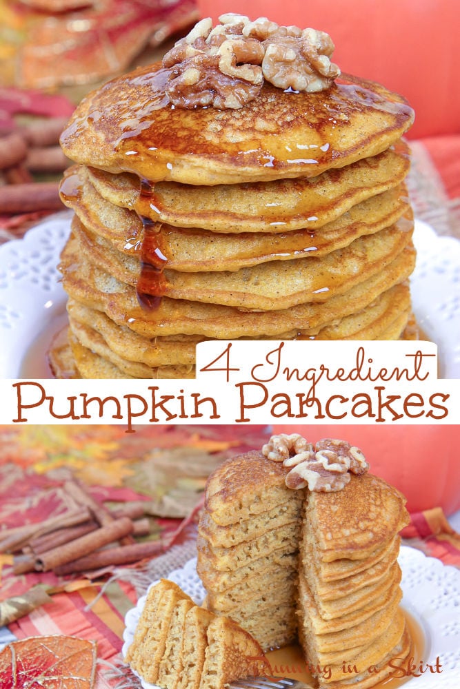 Easy Pumpkin Pancakes with Mix - Only 3 or 4 Ingredients. This Healthy Pancakes recipe featured pancake mix, canned pumpkin, pumpkin pie spice and vanilla. Add chocolate chips for fun! Perfect for kids or adults for a fall breakfast. Includes directions to make them regular, healthy, vegan or even gluten free. Make with your favorite mix including Pearl Milling, Krusteaz or Kodiak. / Running in a Skirt #pancakes #pumpkinpancakes #breakfast #fallrecipes via @juliewunder