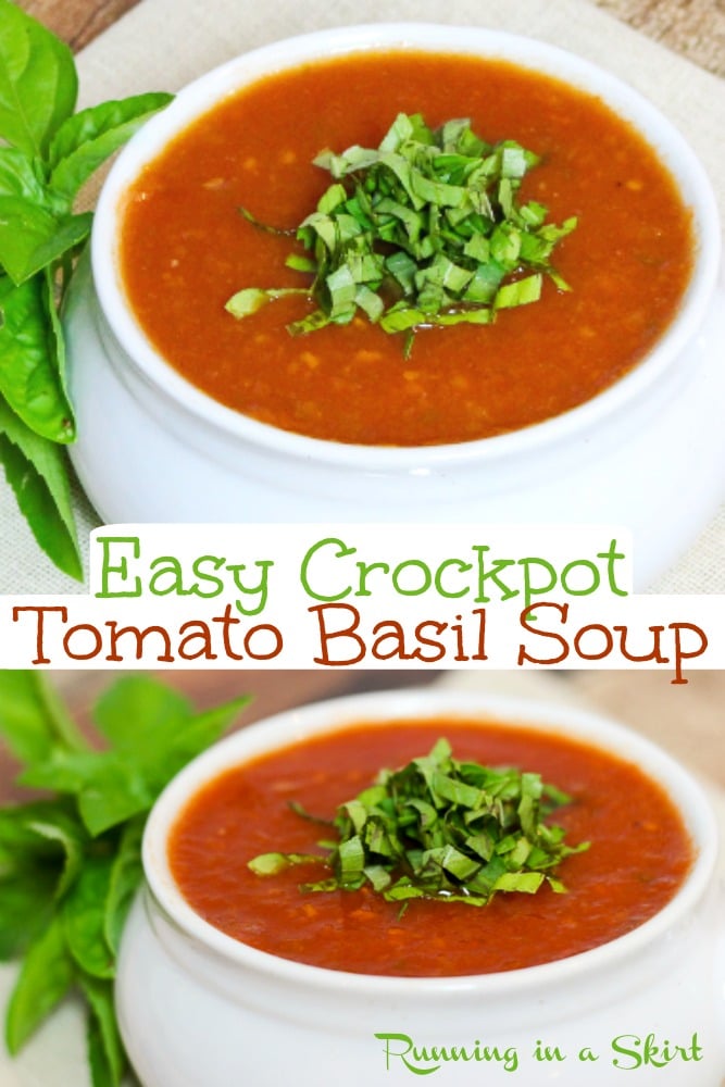 Healthy and flavorful tomato basil soup made in the Crock Pot. This easy vegetarian and vegan comfort food is the perfect thing to warm up with on a chilly evening. #tomatosoup #easyrecipe #soup #comfortfood via @juliewunder