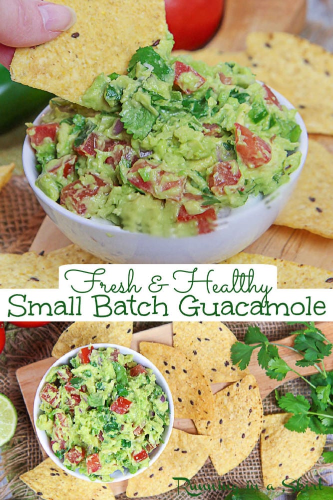 Guacamole for One Avocado - Easy Guacamole recipe for one - simple and healthy! This is the best small batch of Guacamole with fresh avocado, tomato, onion, lime and cilantro. Restaurant style -authentic and delicious Mexican dip or topping for tacos, nachos, enchiladas or fajitas. Includes directions on how to make guacamole with one avocado and have it ready in just minutes. Clean Eating, Vegetarian, Vegan, Dairy Free, Gluten Free, Keto / Running in a Skirt #guacamole #cincodemayo #avocado via @juliewunder