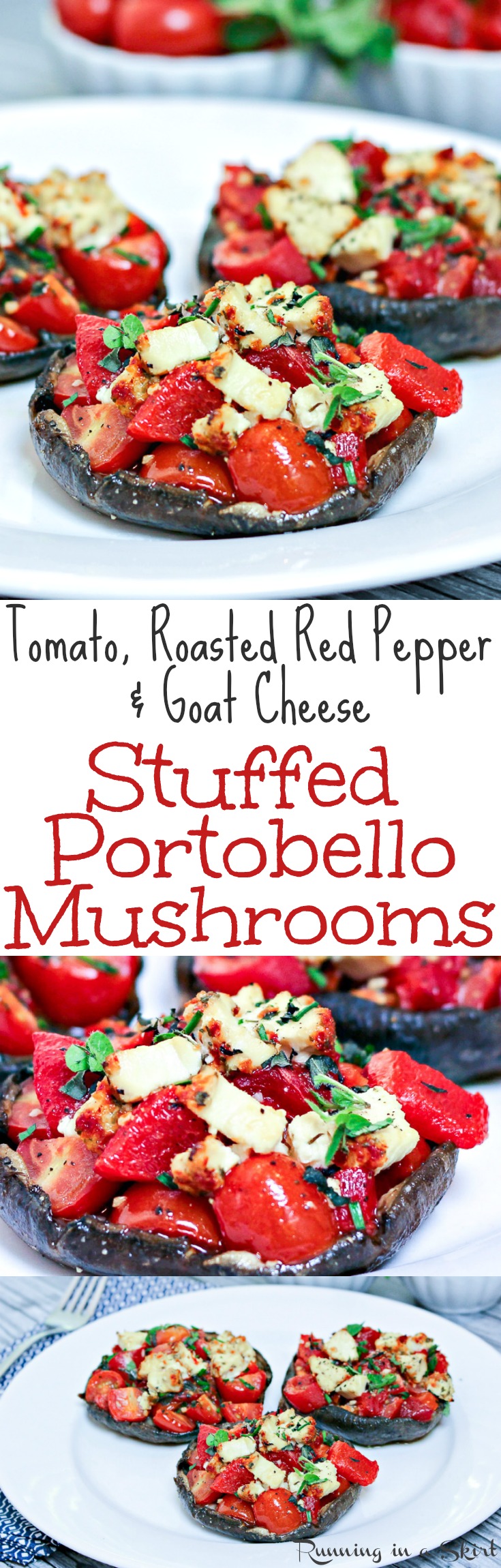 Healthy Vegetarian Stuffed Portobello Mushrooms recipe - with roasted tomato, roasted red peppers and goat cheese! Clean eating and a great option for a vegetarian main course. These caps are baked to perfection. Low Carb & Gluten free / Running in a Skirt via @juliewunder
