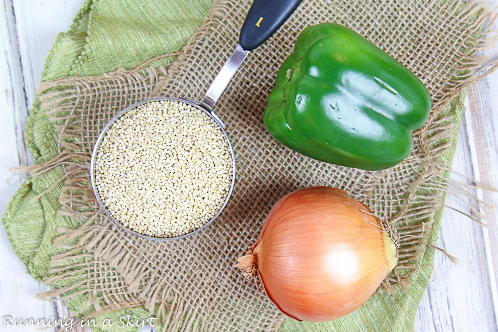 Ingredients in the recipe- quinoa, onion and pepper.